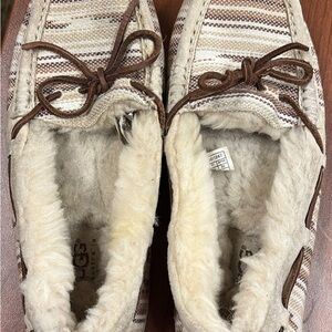UGG Women's Cream and Brown Slip-On Moccasins with Shearling Lining
